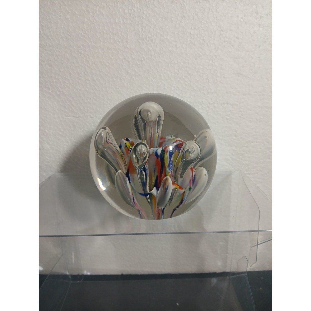 Vintage Art Glass Paperweight Sphere Multicolor Flower Spatter Teardrop Bubbles